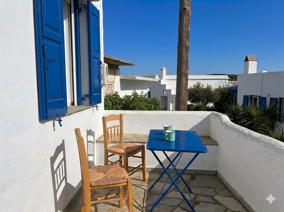 Blue shuttered window and terrace at Alice House Tinos